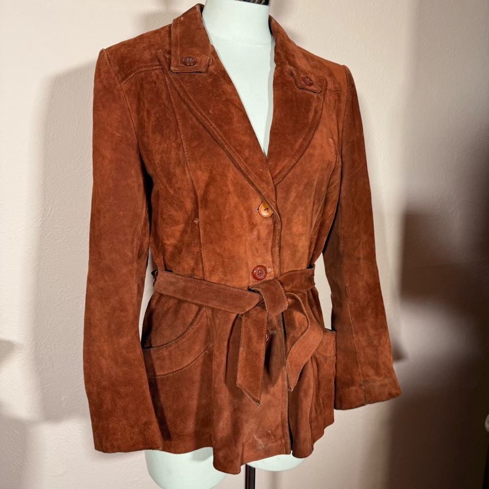 Vintage 1970 Learsi Burgundy Suede Leather Mod Wrap waist Belted Jacket medium